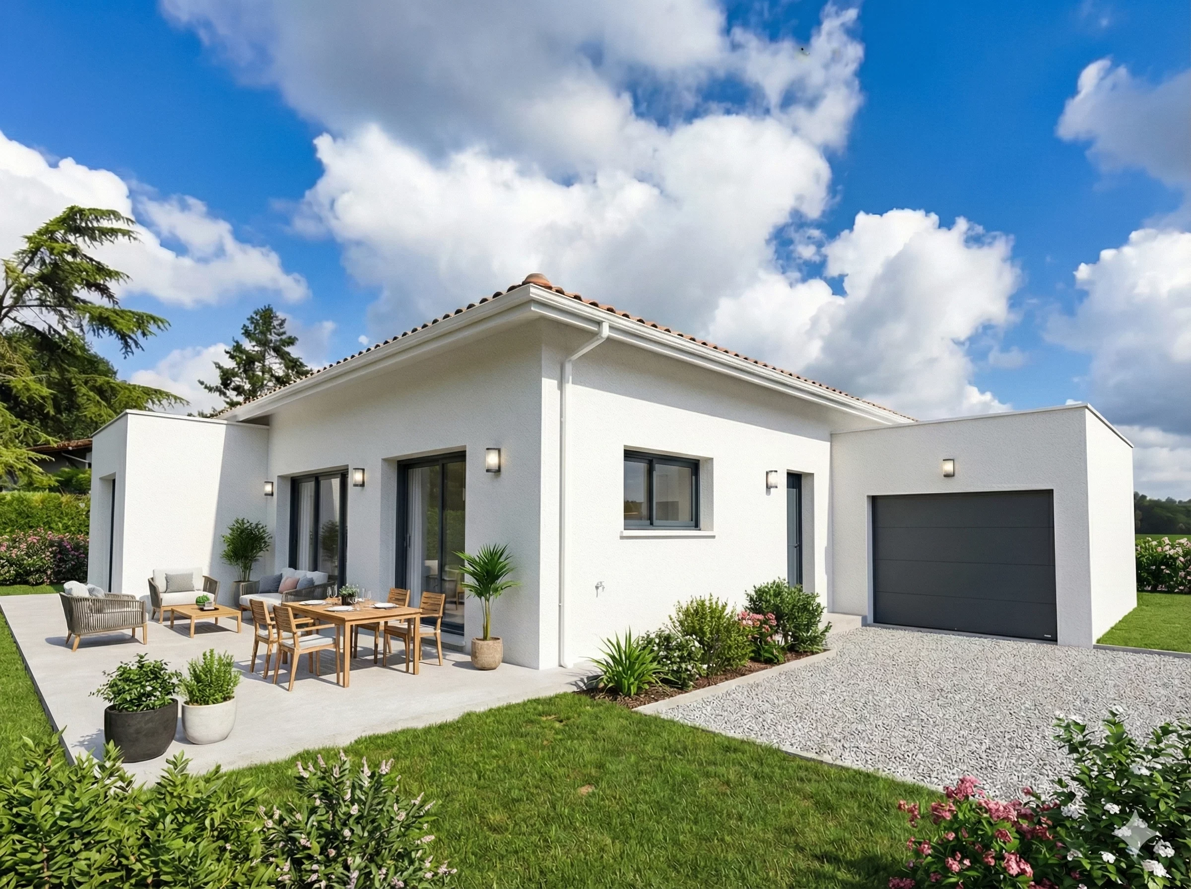 Extérieur d'une maison contemporaine de plain-pied construite à Saint-Geours-de-Maremne par Landes Habitat, avec terrasse aménagée et garage accolé